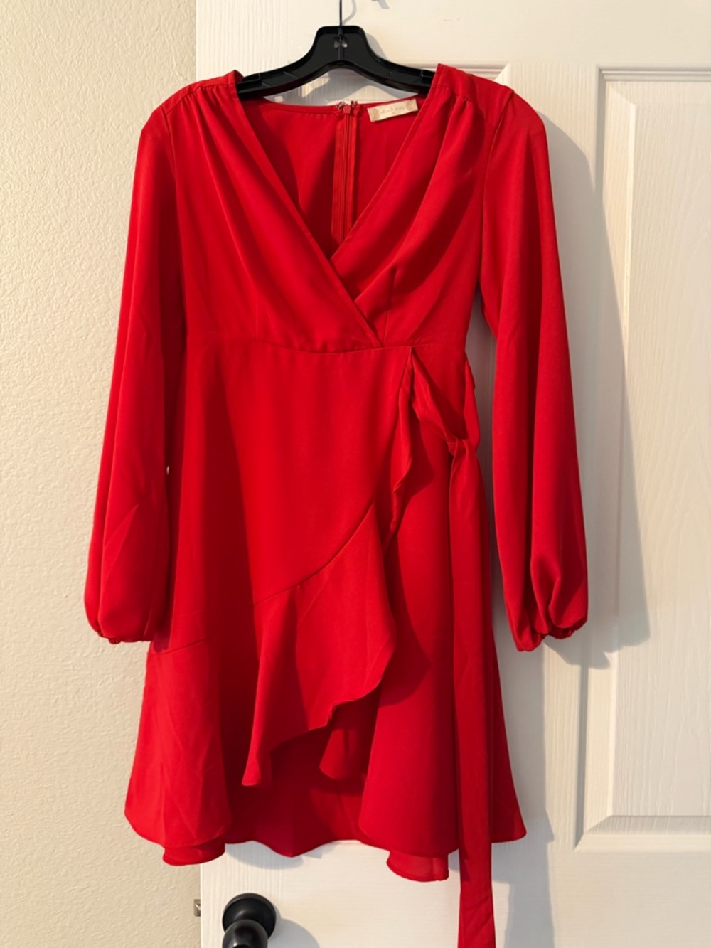 Red Long-Sleeve Wrap Ruffle Dress altered state.